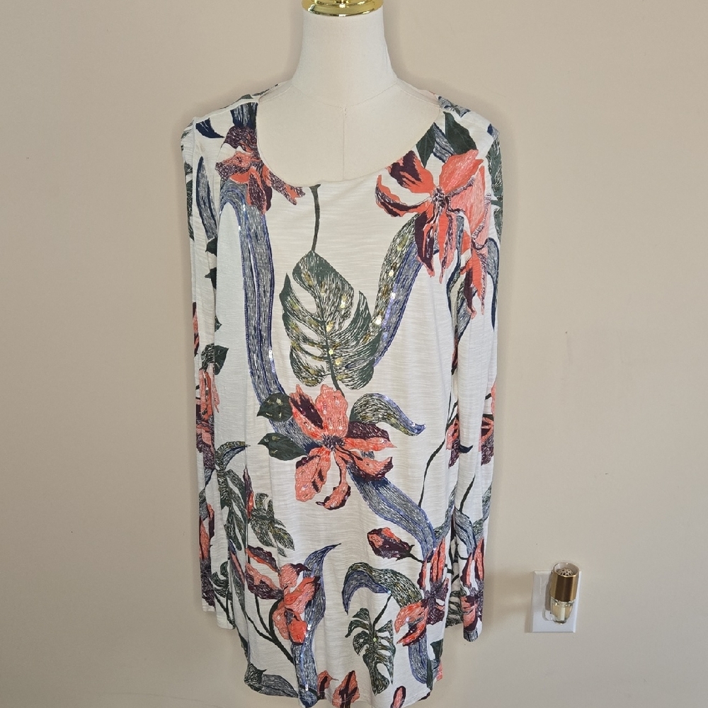 Soft Surroundings White Tropical Sequin Top Resort Coastal Relaxed XL